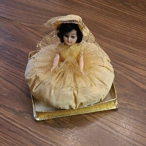 Vintage Sleepy Eye Decorative Pincushion Doll with Yellow Lace Dress!